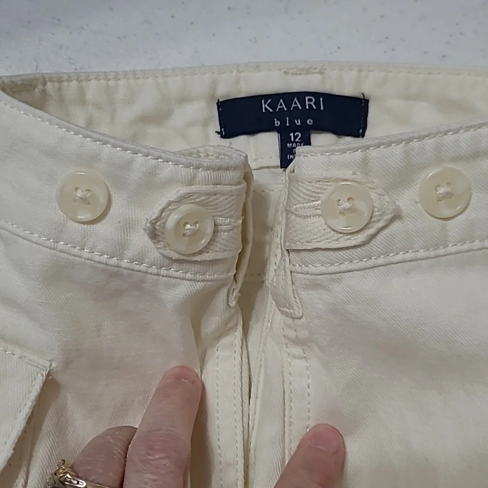 Kaari Blue Cream Linen Blend Ankle Pants with Fringe Hem size 12